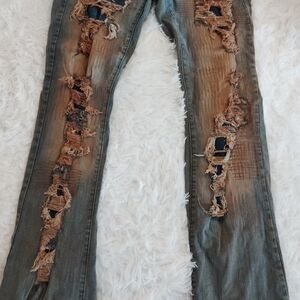 Men's Rebels Edgy Brown Denim Bootcut Flared Ripped Distressed Jeans SZ:W35 L35